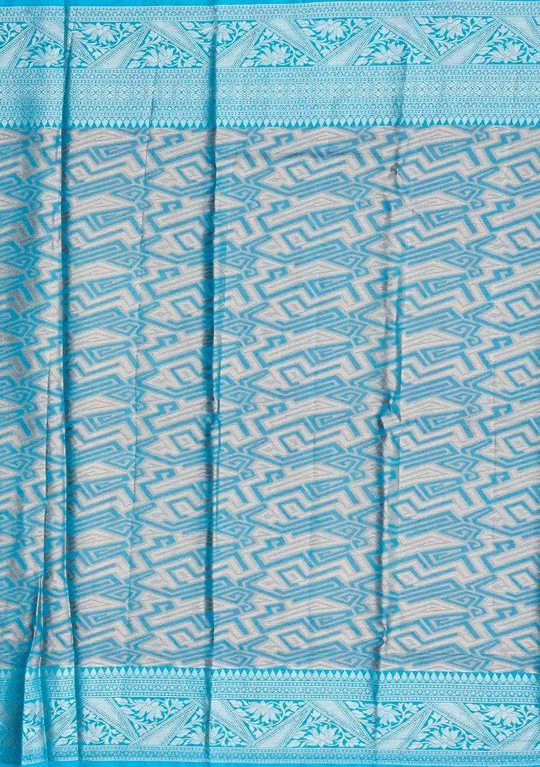 Taupe Woven Synthetic Tissue Saree With Floral Motifs Cyan Border With Buttas And Brocade Design For Women - Indya