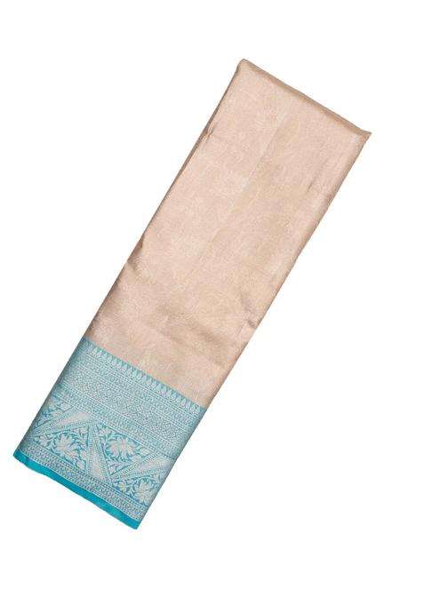 Taupe Woven Synthetic Tissue Saree With Floral Motifs Cyan Border With Buttas And Brocade Design For Women