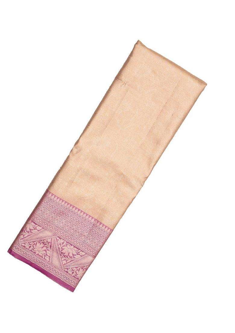 Taupe Woven Synthetic Tissue Saree With Floral Motifs Magenta Border With Buttas And Brocade Design For Women - Indya