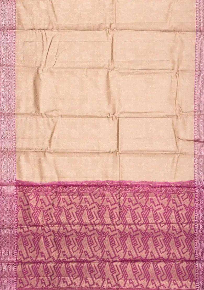 Taupe Woven Synthetic Tissue Saree With Floral Motifs Magenta Border With Buttas And Brocade Design For Women - Indya