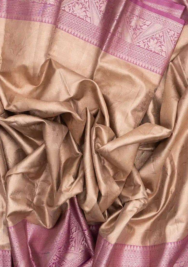Taupe Woven Synthetic Tissue Saree With Floral Motifs Magenta Border With Buttas And Brocade Design For Women - Indya