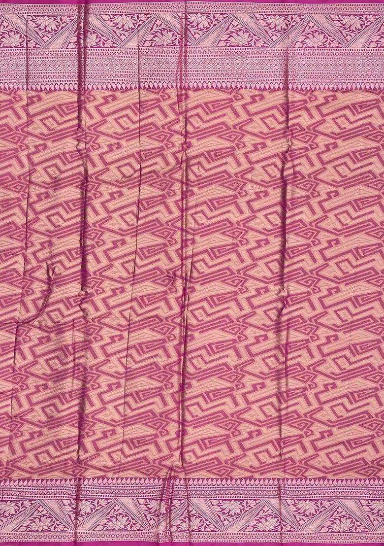 Taupe Woven Synthetic Tissue Saree With Floral Motifs Magenta Border With Buttas And Brocade Design For Women - Indya