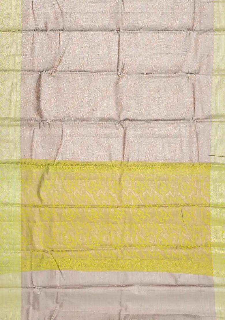 Taupe Woven Synthetic Tissue Saree With Floral Motifs Neon Border With Buttas And Brocade Design For Women - Indya