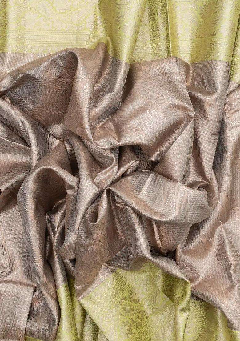 Taupe Woven Synthetic Tissue Saree With Floral Motifs Neon Border With Buttas And Brocade Design For Women - Indya