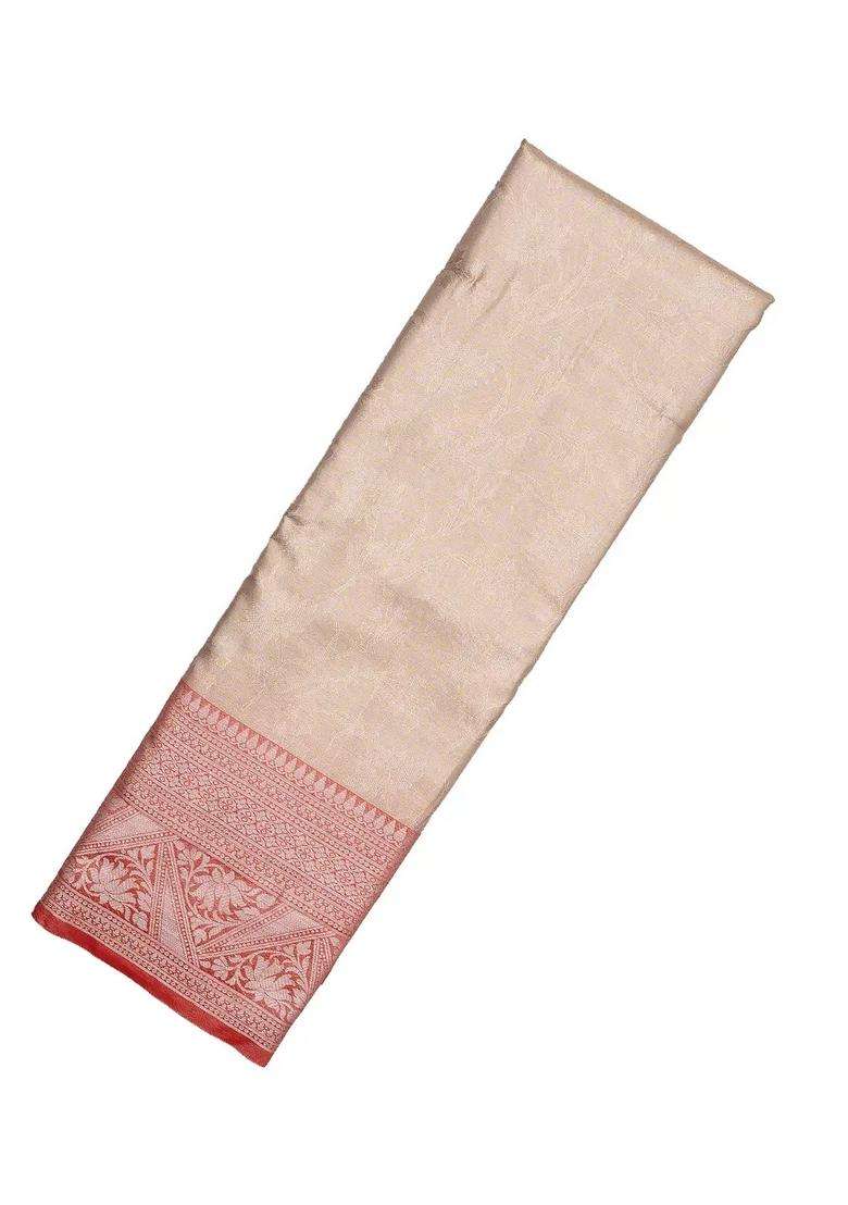 Taupe Woven Synthetic Tissue Saree With Floral Motifs Peach Border With Buttas And Brocade Design For Women - Indya