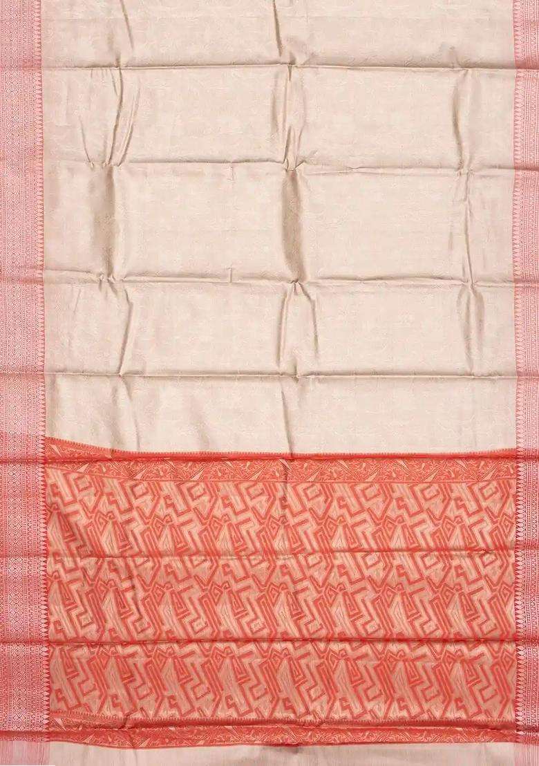 Taupe Woven Synthetic Tissue Saree With Floral Motifs Peach Border With Buttas And Brocade Design For Women - Indya