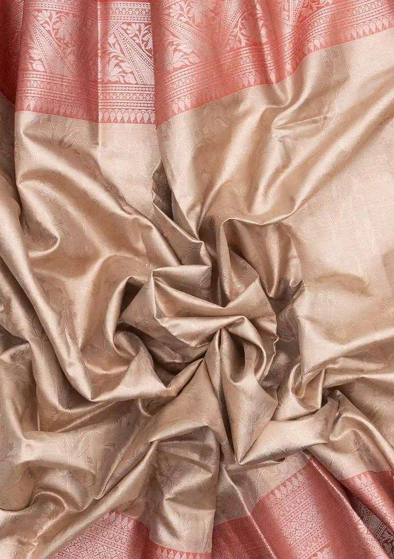 Taupe Woven Synthetic Tissue Saree With Floral Motifs Peach Border With Buttas And Brocade Design For Women - Indya