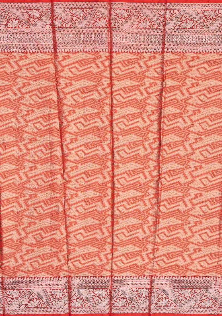 Taupe Woven Synthetic Tissue Saree With Floral Motifs Peach Border With Buttas And Brocade Design For Women - Indya