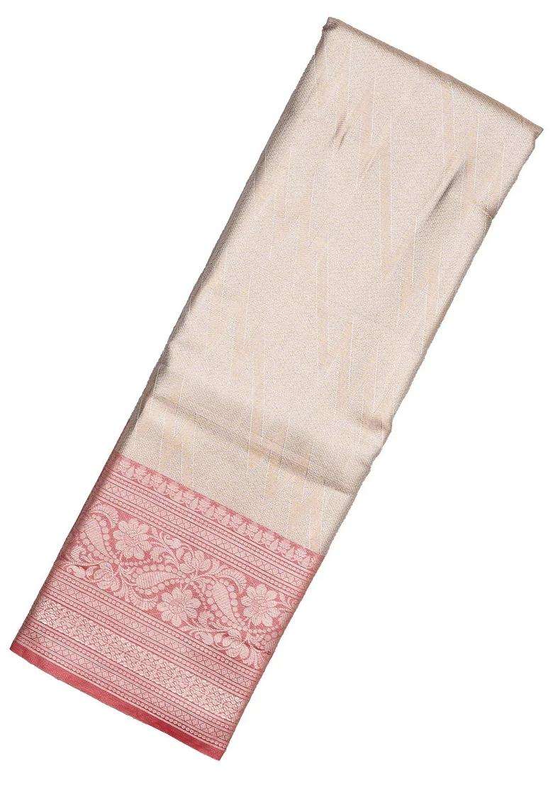 Taupe Woven Synthetic Tissue Saree With Floral Motifs Red Border With Buttas And Brocade Design For Women - Indya