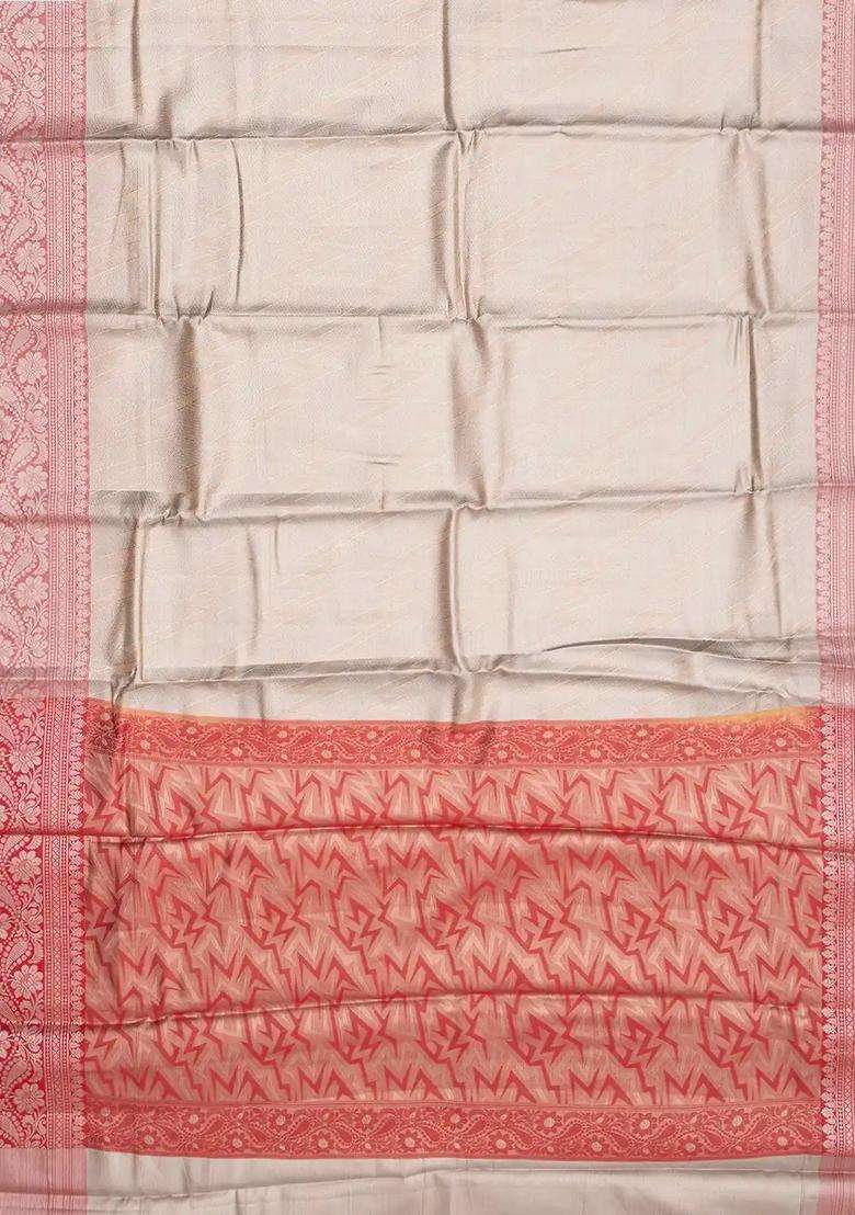 Taupe Woven Synthetic Tissue Saree With Floral Motifs Red Border With Buttas And Brocade Design For Women - Indya