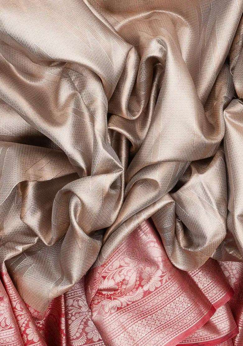 Taupe Woven Synthetic Tissue Saree With Floral Motifs Red Border With Buttas And Brocade Design For Women - Indya