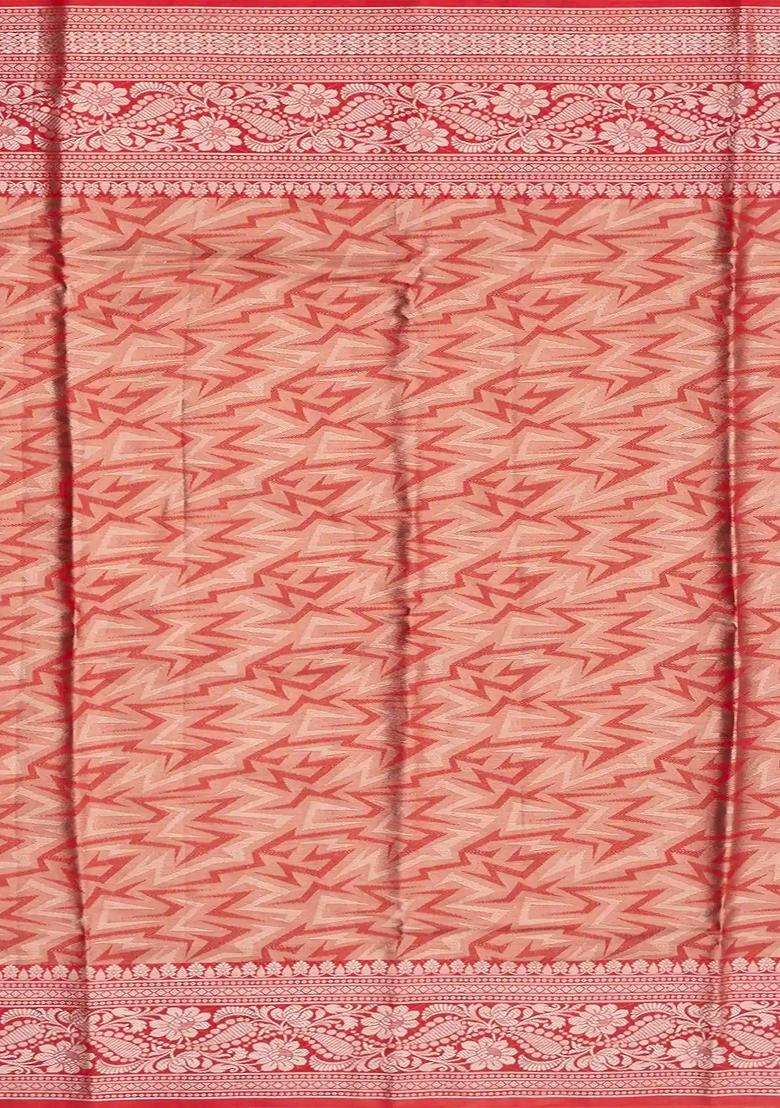 Taupe Woven Synthetic Tissue Saree With Floral Motifs Red Border With Buttas And Brocade Design For Women - Indya