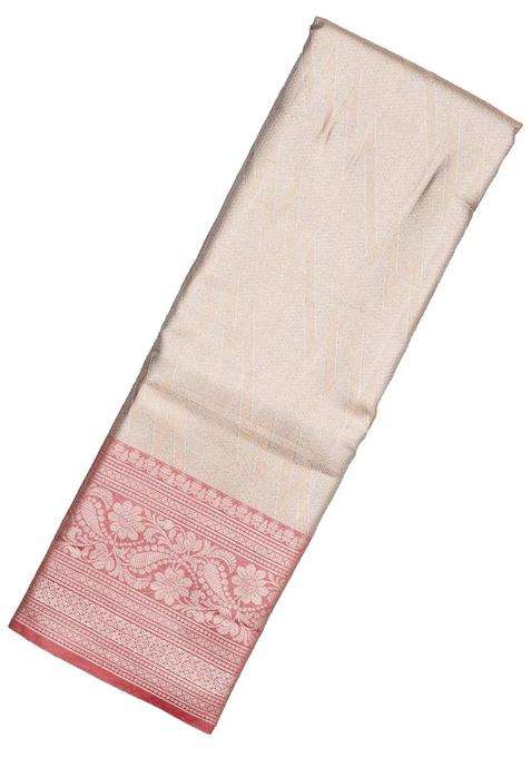 Taupe Woven Synthetic Tissue Saree With Floral Motifs Red Border With Buttas And Brocade Design For Women