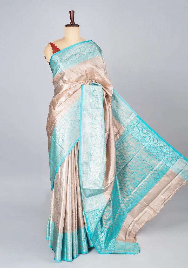 Taupe Woven Synthetic Tissue Saree With Floral Motifs Turquoise Border With Buttas And Brocade Design For Women - Indya