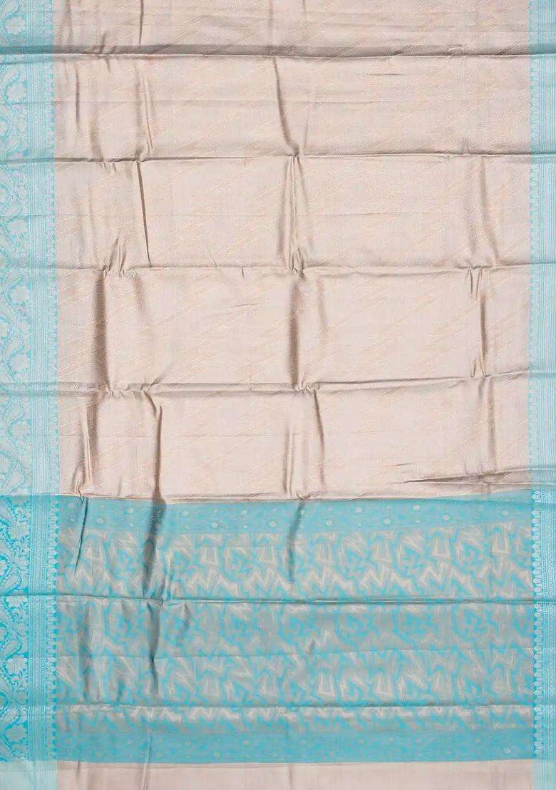 Taupe Woven Synthetic Tissue Saree With Floral Motifs Turquoise Border With Buttas And Brocade Design For Women - Indya