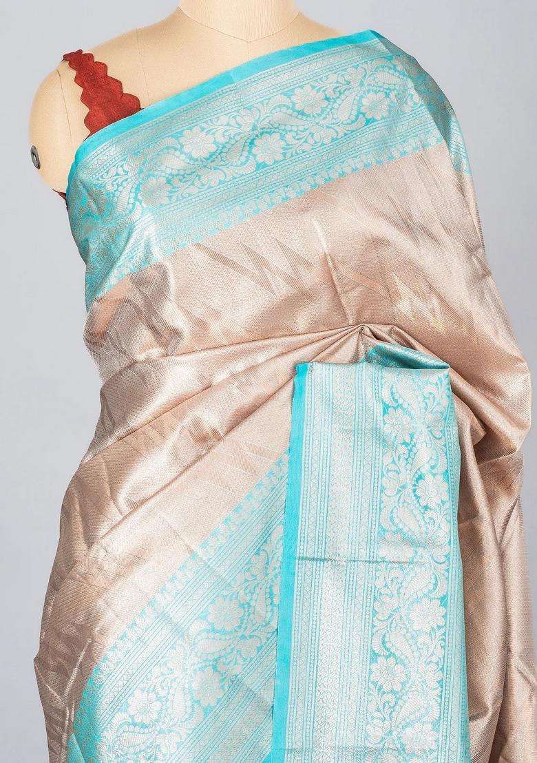 Taupe Woven Synthetic Tissue Saree With Floral Motifs Turquoise Border With Buttas And Brocade Design For Women - Indya