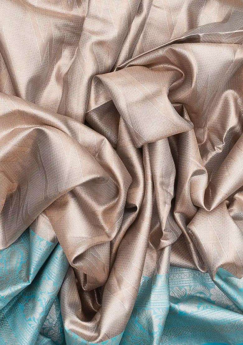 Taupe Woven Synthetic Tissue Saree With Floral Motifs Turquoise Border With Buttas And Brocade Design For Women - Indya