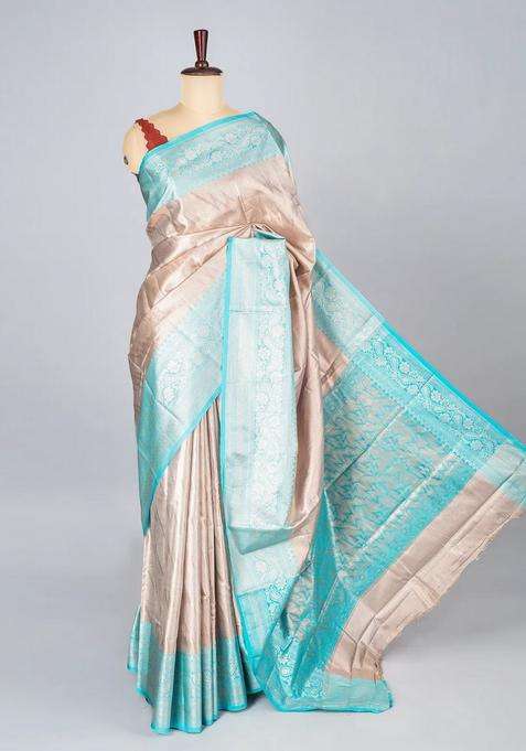 Taupe Woven Synthetic Tissue Saree With Floral Motifs Turquoise Border With Buttas And Brocade Design For Women