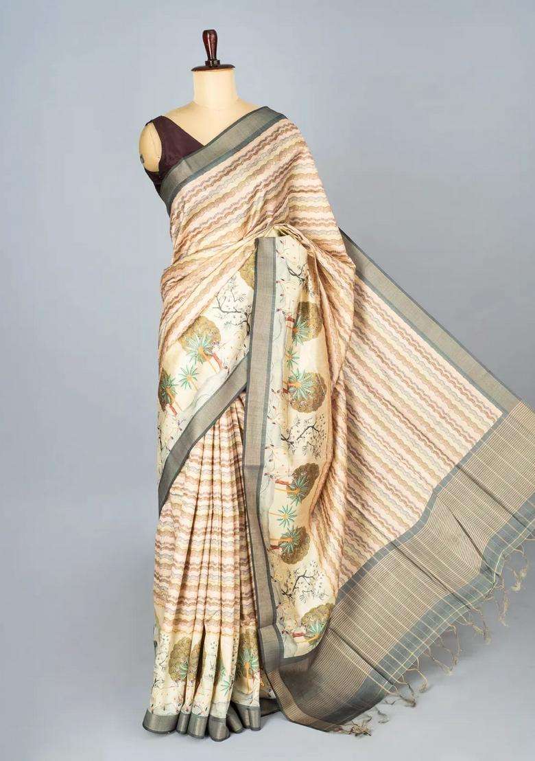 Taupe Woven Synthetic Dupion Art Silk Saree With Printed Stripes For Women - Indya