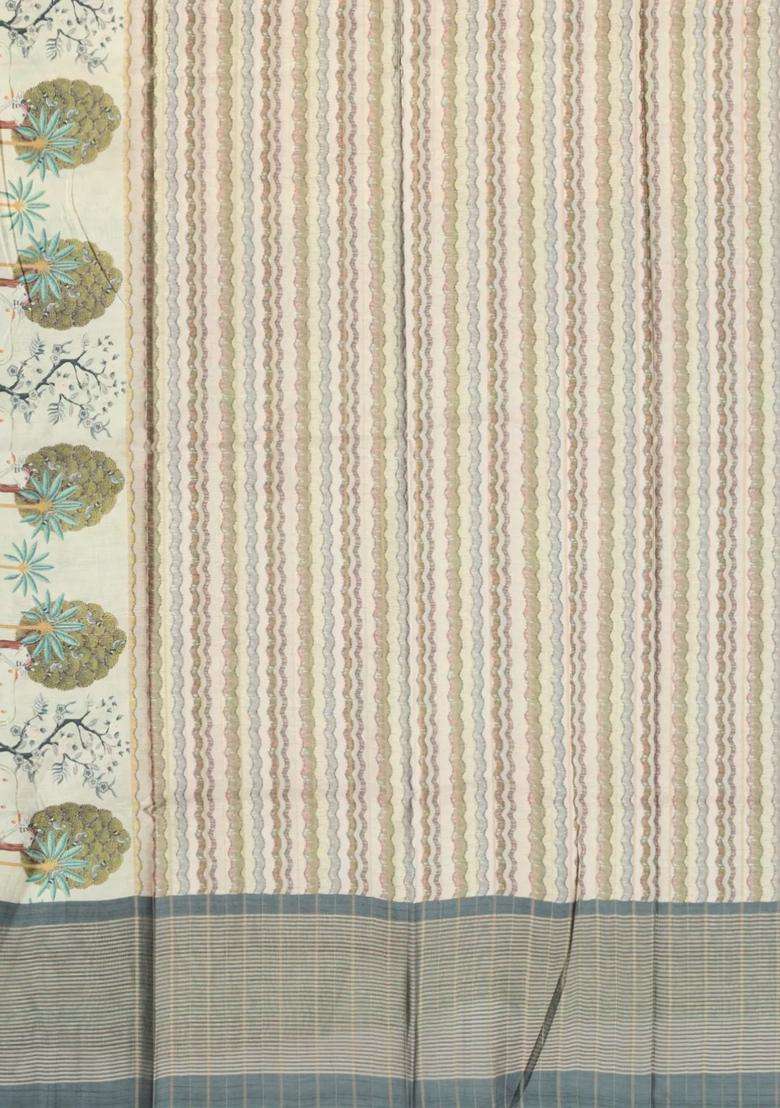 Taupe Woven Synthetic Dupion Art Silk Saree With Printed Stripes For Women - Indya