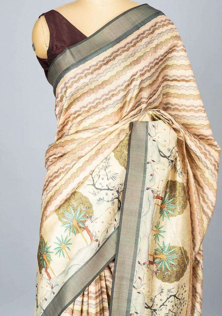 Taupe Woven Synthetic Dupion Art Silk Saree With Printed Stripes For Women - Indya