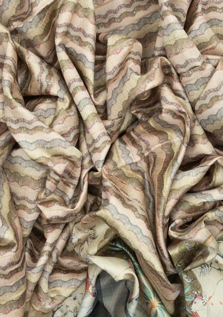 Taupe Woven Synthetic Dupion Art Silk Saree With Printed Stripes For Women - Indya
