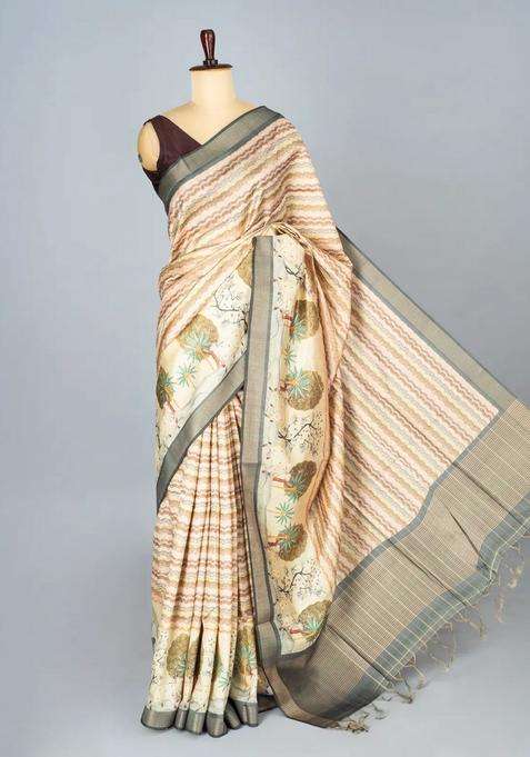 Taupe Woven Synthetic Dupion Art Silk Saree With Printed Stripes For Women