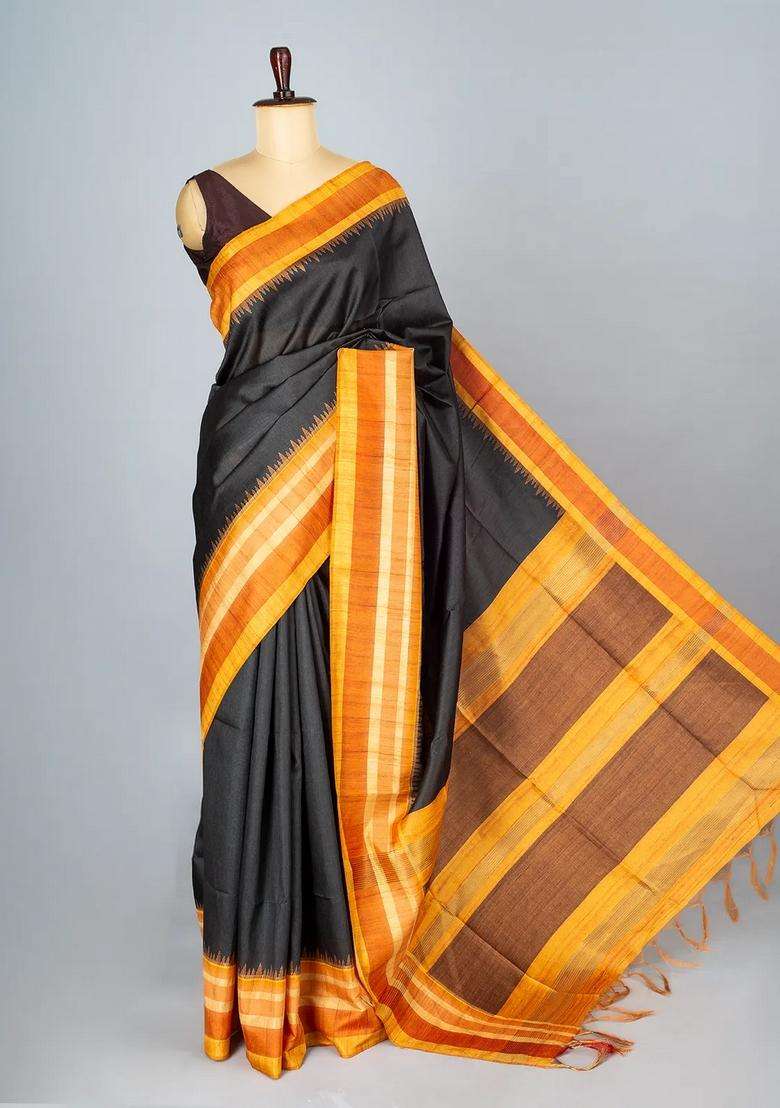 Black Woven Synthetic Dupion Art Silk Saree With Contrast Border With Traditional Woven Design For Women - Indya