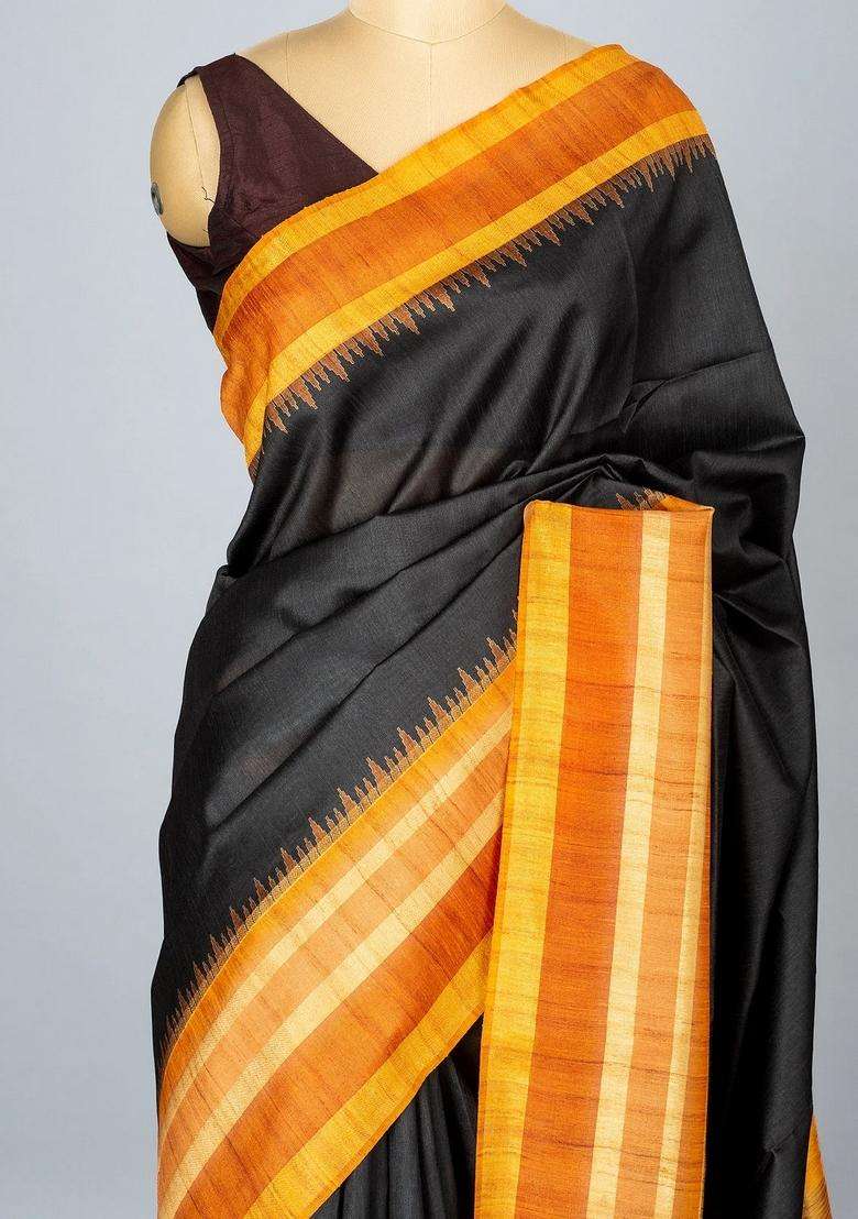 Black Woven Synthetic Dupion Art Silk Saree With Contrast Border With Traditional Woven Design For Women - Indya