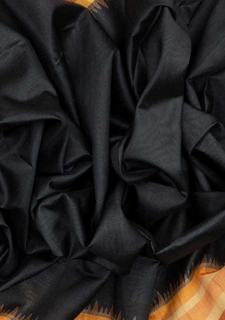 Black Woven Synthetic Dupion Art Silk Saree With Contrast Border With Traditional Woven Design For Women - Indya