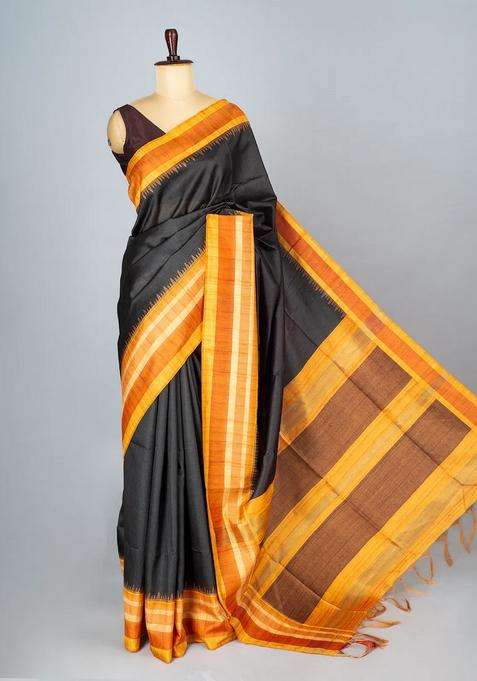 Black Woven Synthetic Dupion Art Silk Saree With Contrast Border With Traditional Woven Design For Women