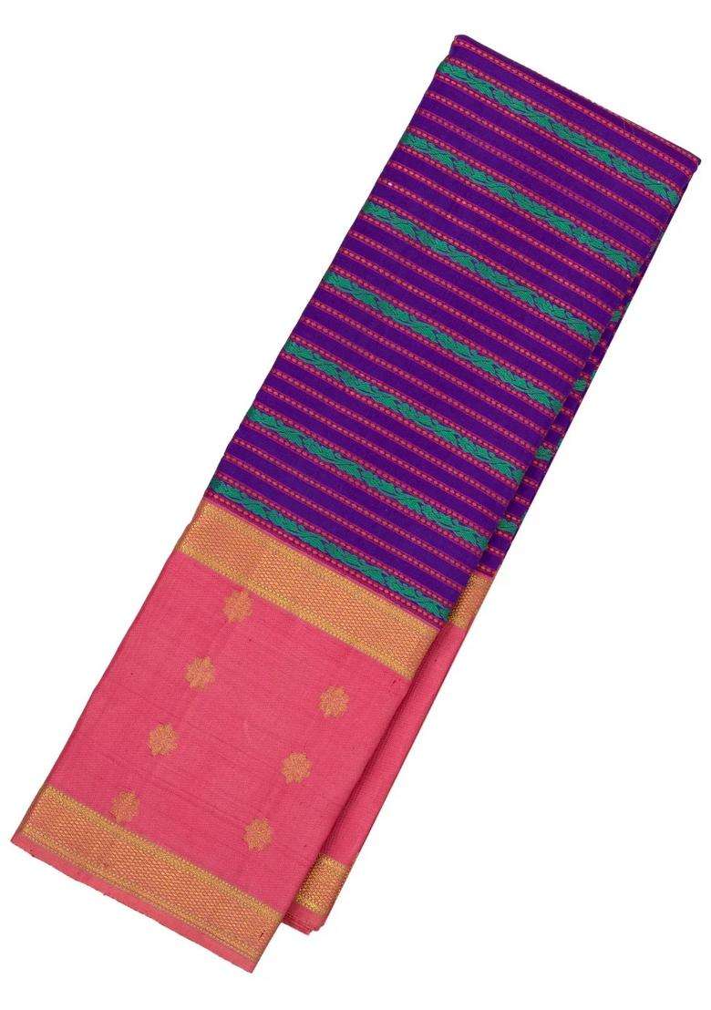 Purple Handloom Korvai Kanchipuram Silk Saree With Floral Stripes With Korvai And Temple Border Design For Women - Indya