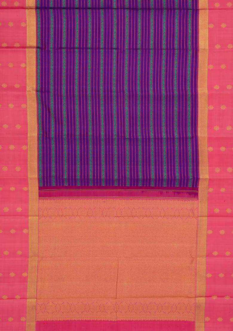 Purple Handloom Korvai Kanchipuram Silk Saree With Floral Stripes With Korvai And Temple Border Design For Women - Indya