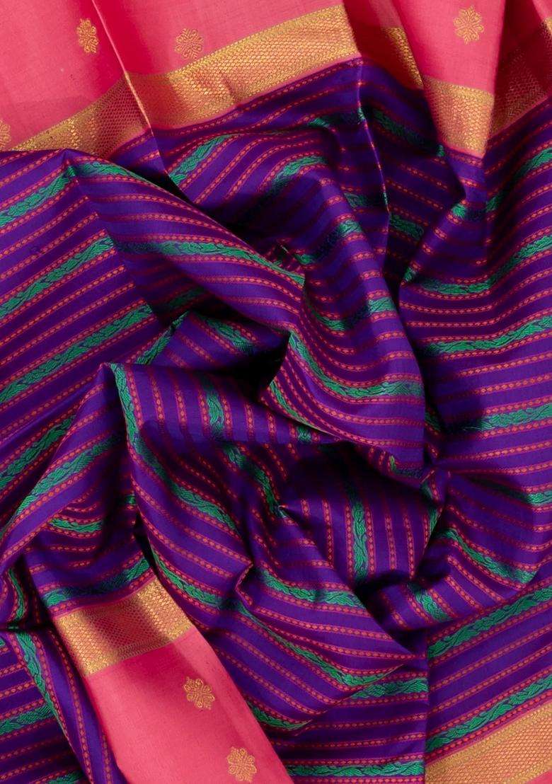 Purple Handloom Korvai Kanchipuram Silk Saree With Floral Stripes With Korvai And Temple Border Design For Women - Indya