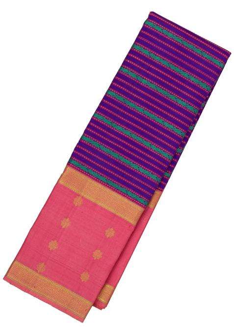 Purple Handloom Korvai Kanchipuram Silk Saree With Floral Stripes With Korvai And Temple Border Design For Women