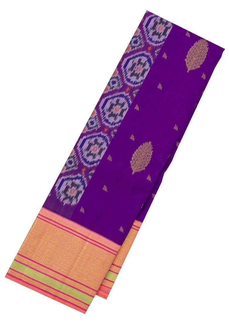 Purple Handloom Korvai Kanchipuram Silk Saree With Tie Dye Motifs With Printed Design For Women - Indya