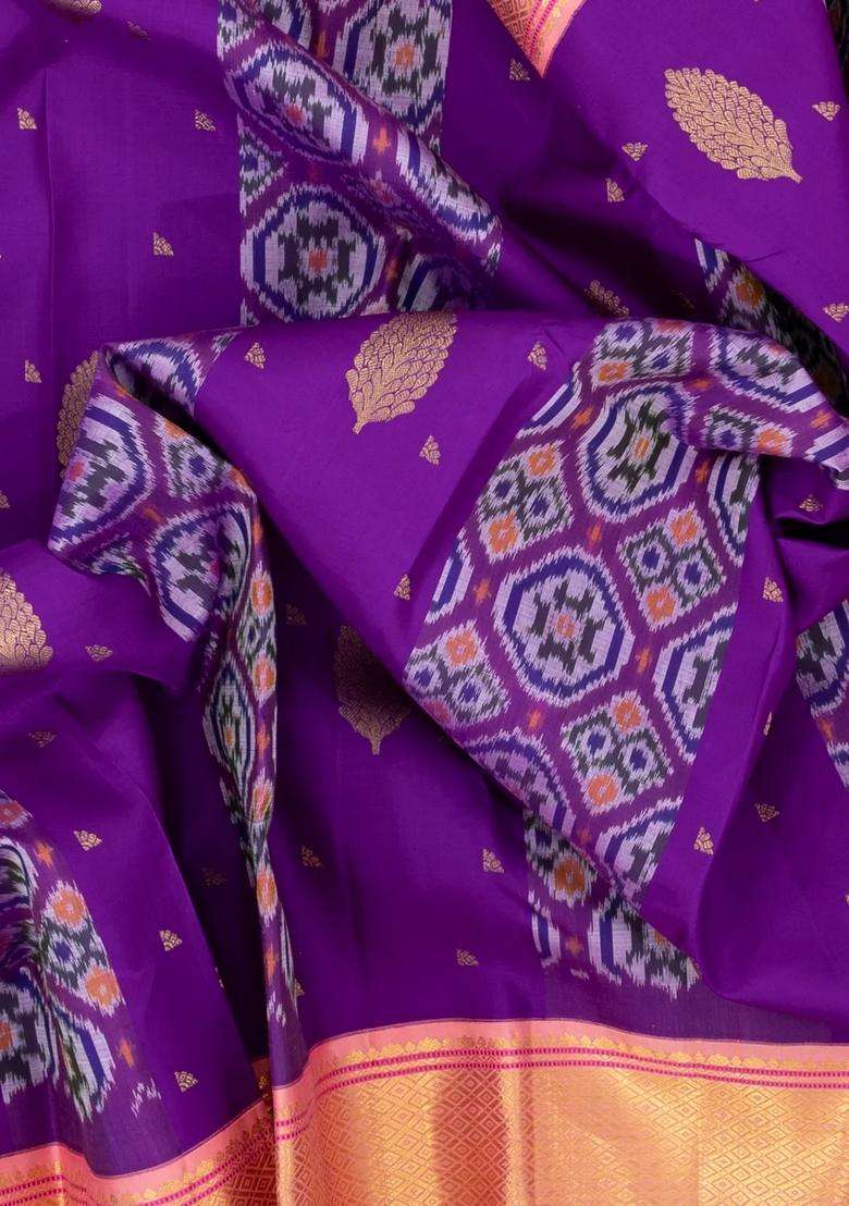 Purple Handloom Korvai Kanchipuram Silk Saree With Tie Dye Motifs With Printed Design For Women - Indya