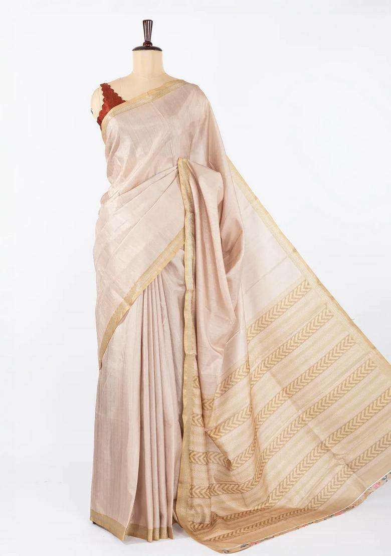 Beige Woven Synthetic Dola Silk Saree With Printed Blouse For Women - Indya