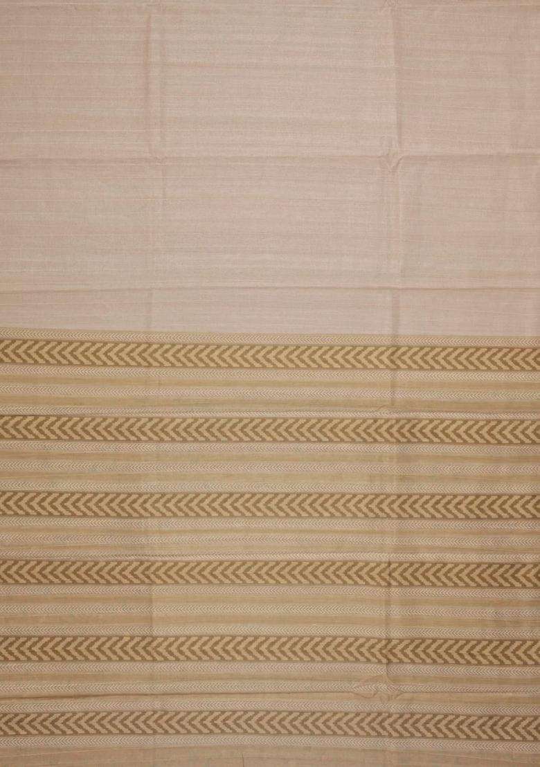 Beige Woven Synthetic Dola Silk Saree With Printed Blouse For Women - Indya