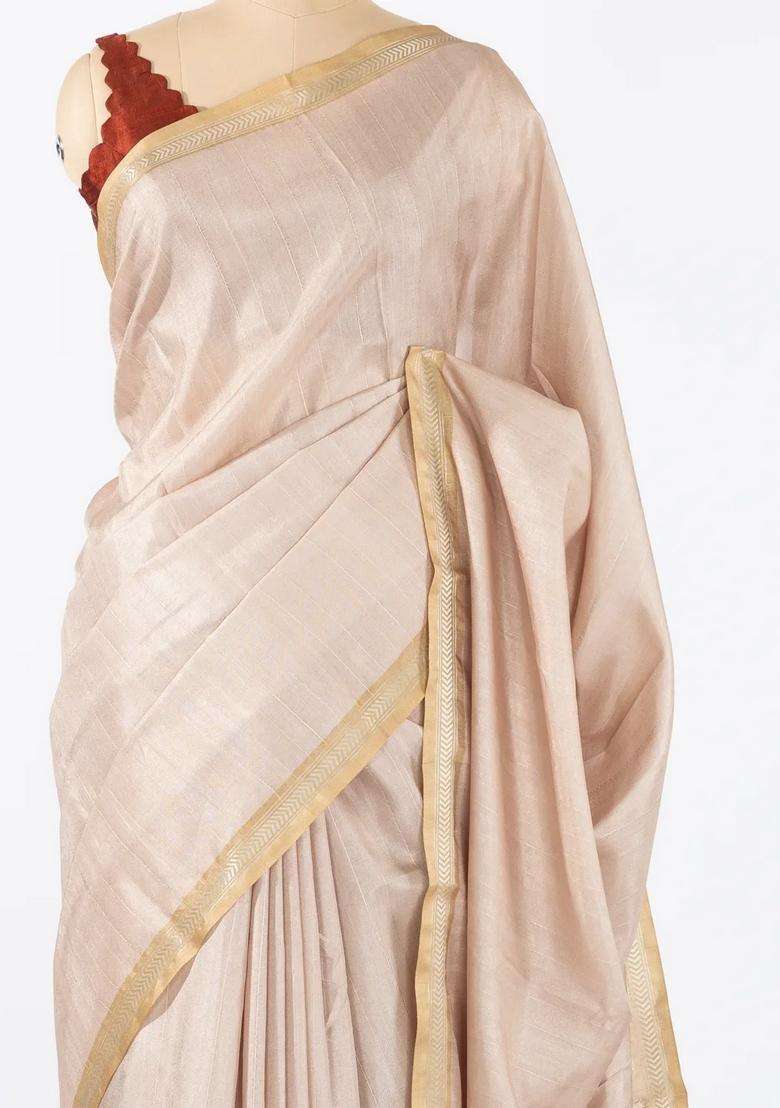 Beige Woven Synthetic Dola Silk Saree With Printed Blouse For Women - Indya