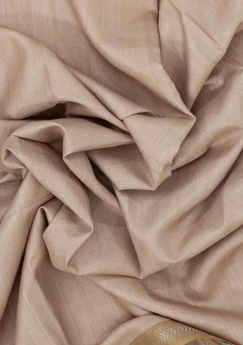 Beige Woven Synthetic Dola Silk Saree With Printed Blouse For Women - Indya