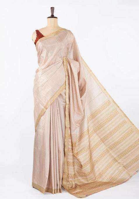 Beige Woven Synthetic Dola Silk Saree With Printed Blouse For Women