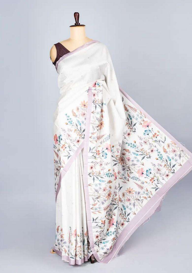 Off White Woven Synthetic Dola Silk Saree With Printed Floral Motif For Women - Indya