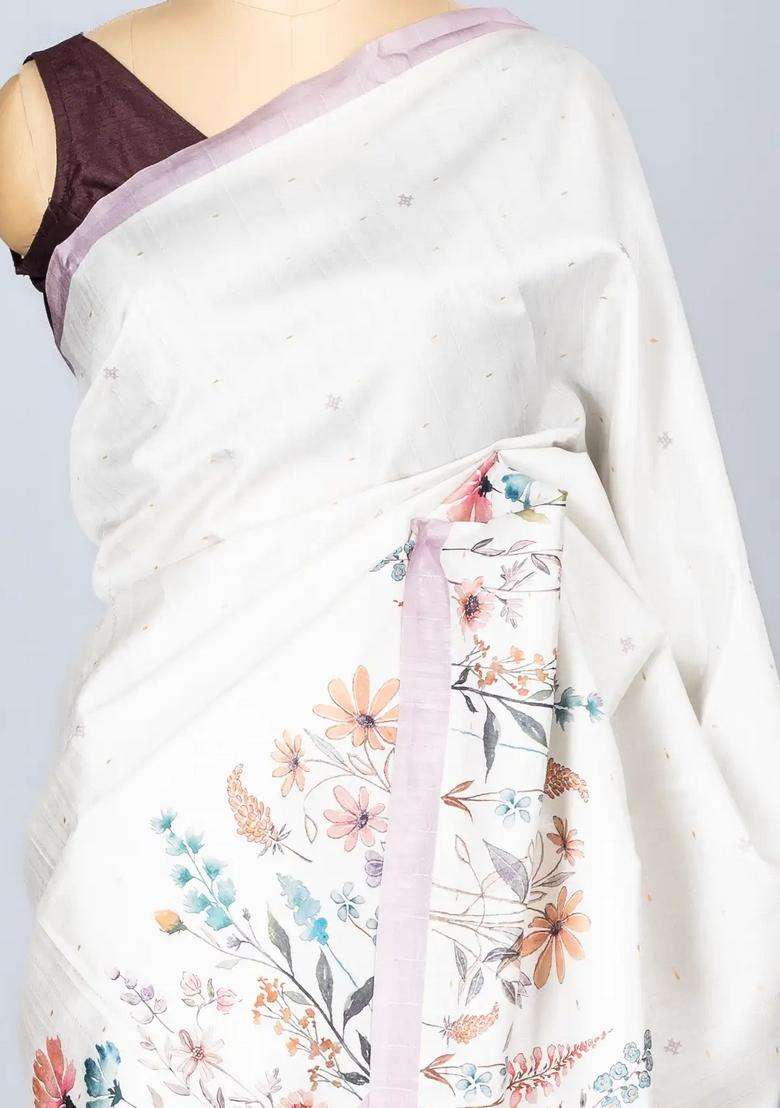Off White Woven Synthetic Dola Silk Saree With Printed Floral Motif For Women - Indya