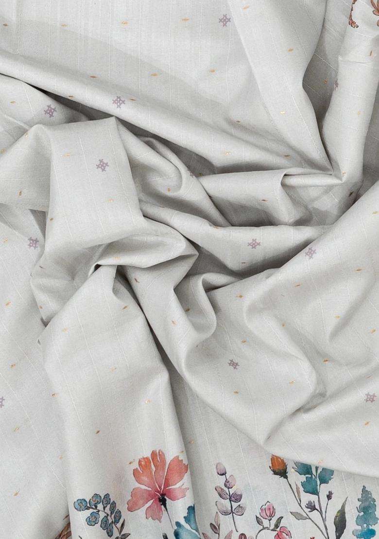 Off White Woven Synthetic Dola Silk Saree With Printed Floral Motif For Women - Indya