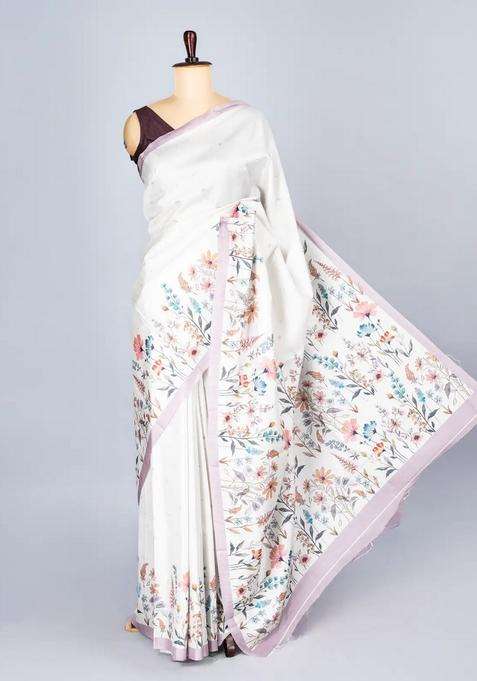 Off White Woven Synthetic Dola Silk Saree With Printed Floral Motif For Women