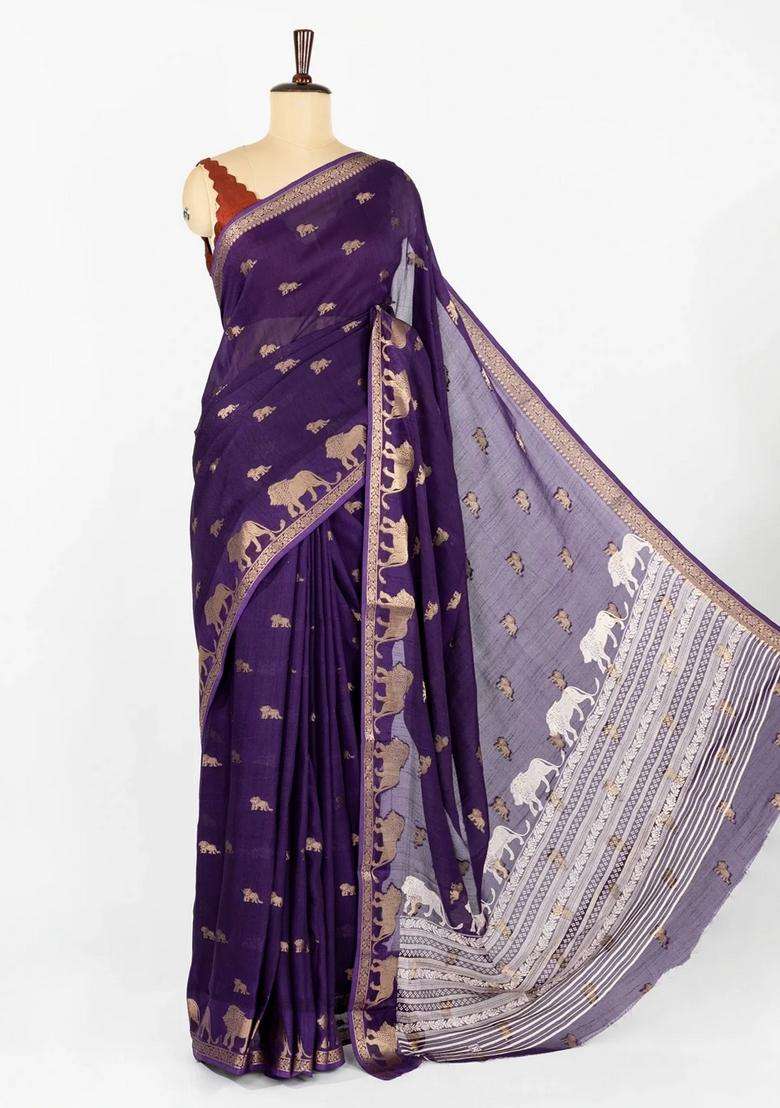 Purple Woven Synthetic Dola Silk Saree With Lion Motifs With Buttas And Brocade Design For Women - Indya