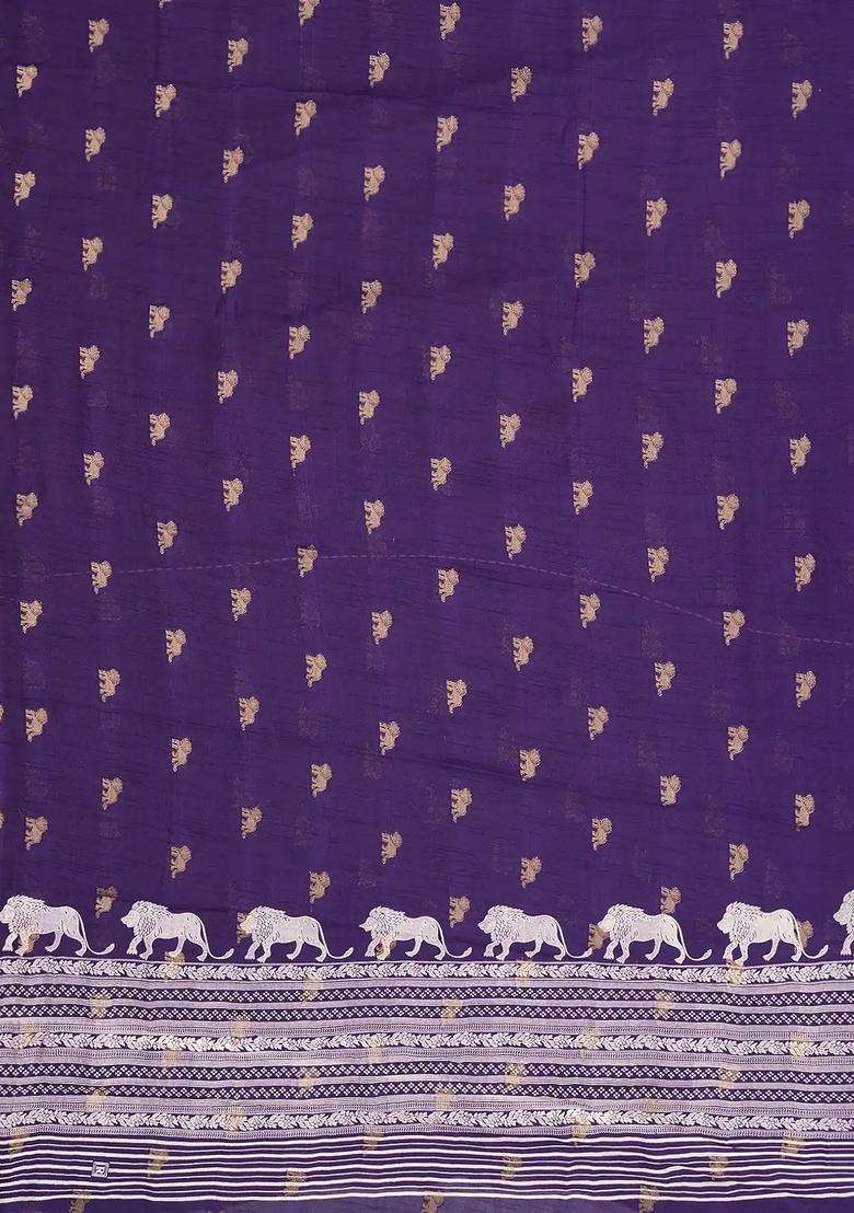 Purple Woven Synthetic Dola Silk Saree With Lion Motifs With Buttas And Brocade Design For Women - Indya