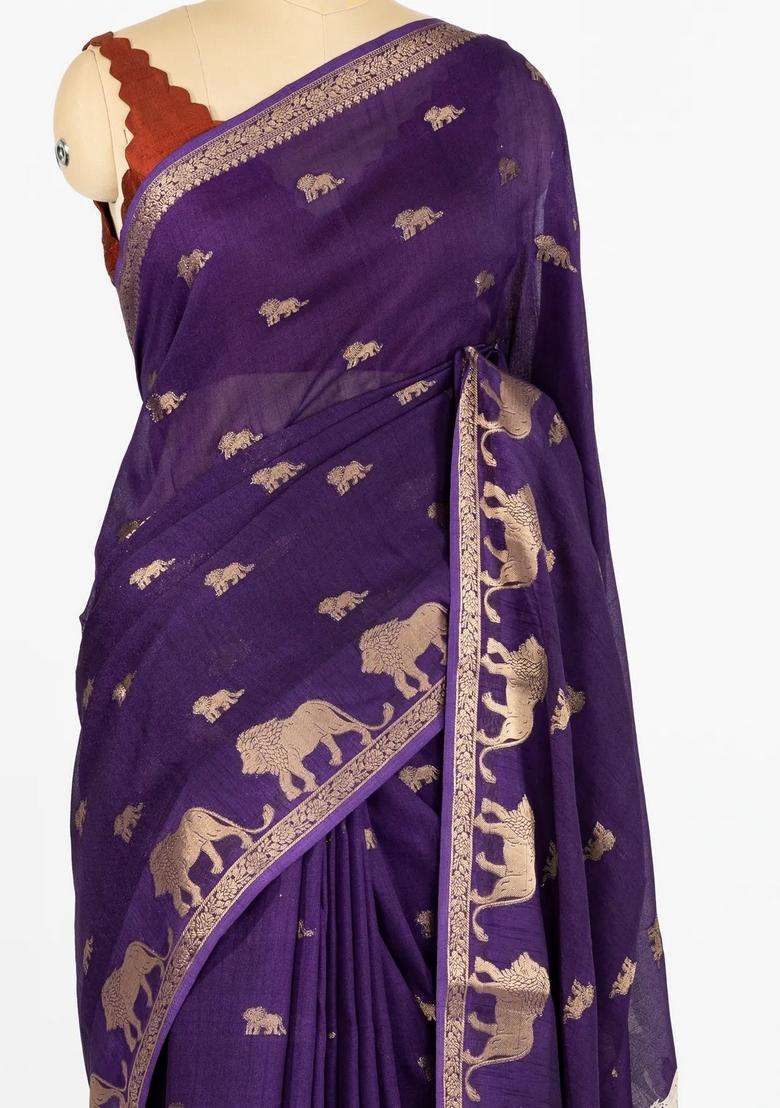 Purple Woven Synthetic Dola Silk Saree With Lion Motifs With Buttas And Brocade Design For Women - Indya
