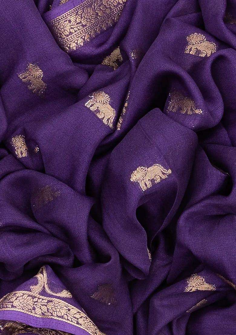 Purple Woven Synthetic Dola Silk Saree With Lion Motifs With Buttas And Brocade Design For Women - Indya
